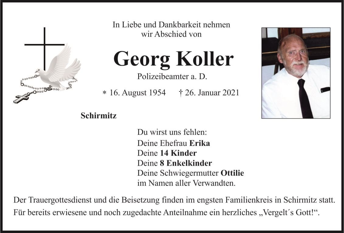 Traueranzeige Georg Koller, Schirmitz