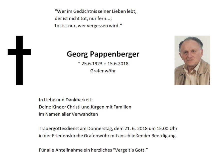 Traueranzeige Georg Pappenberger Grafenwöhr