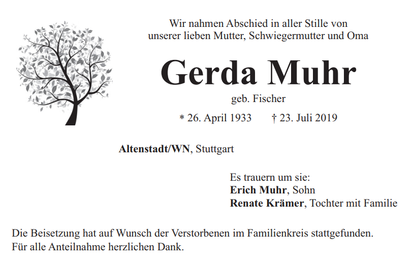Traueranzeige Gerda Muhr