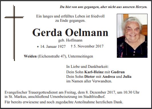 Traueranzeige Gerda Oelmann Weiden