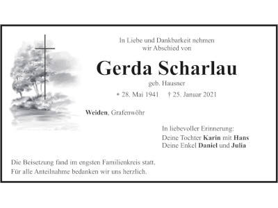 Traueranzeige Gerda Scharlau, Weiden 400x300