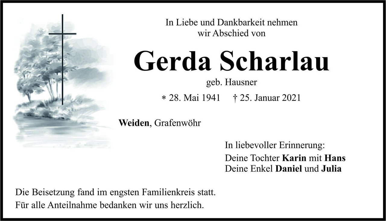 Traueranzeige Gerda Scharlau, Weiden