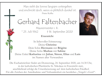 Traueranzeige Gerhard Faltenbacher, Etzenricht 400x300