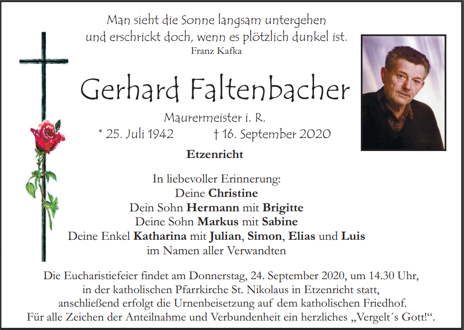 Traueranzeige Gerhard Faltenbacher, Etzenricht