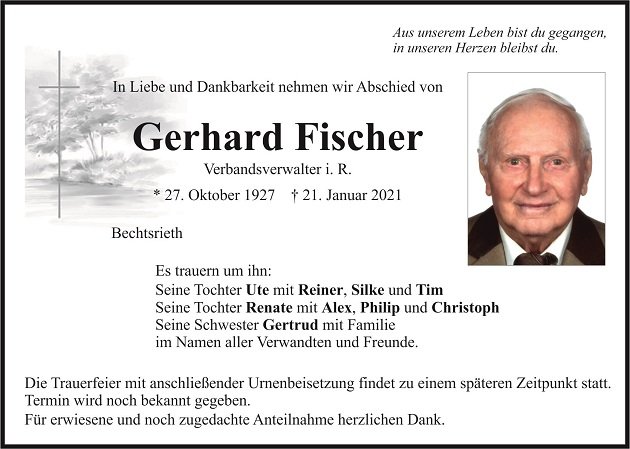 Traueranzeige Gerhard Fischer Bechtsrieth