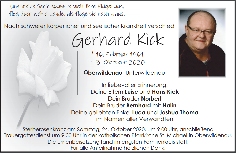 Traueranzeige Gerhard Kick; Oberwildenau