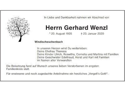 Traueranzeige Gerhard Wenzl, Windischeschenbach 400 300
