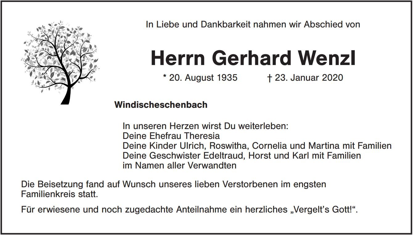 Traueranzeige Gerhard Wenzl, Windischeschenbach