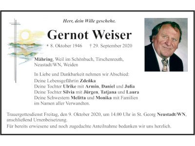 Traueranzeige Gernot Weiser, Mähring 400x300
