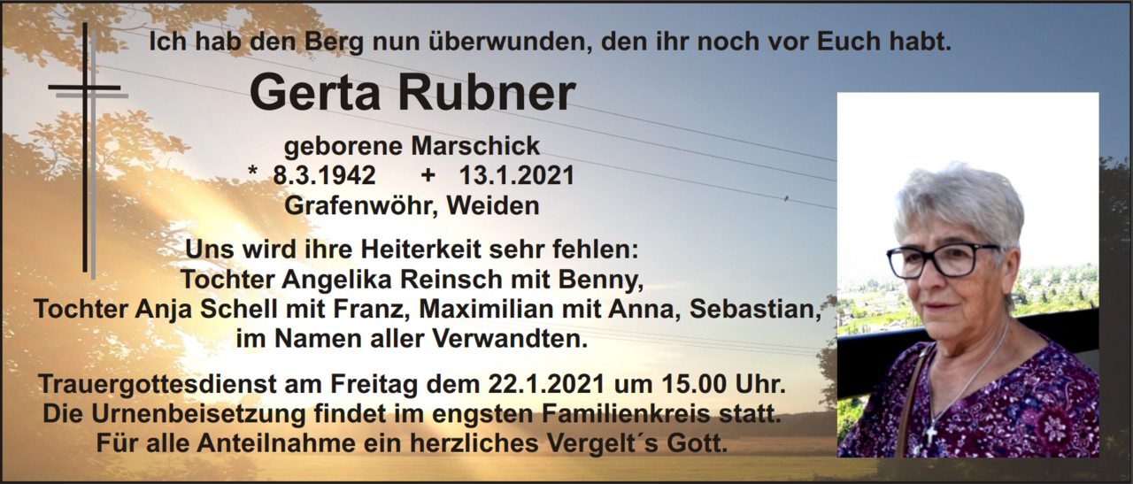 Traueranzeige Gerta Rubner, Grafenwöhr