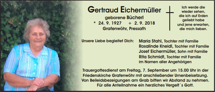 Traueranzeige Gertraud Eichermüller Grafenwöhr