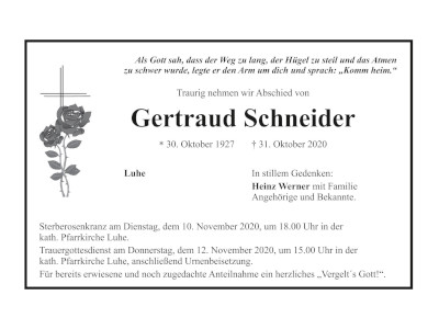 Traueranzeige Gertraud Schneider, Luhe 400x300
