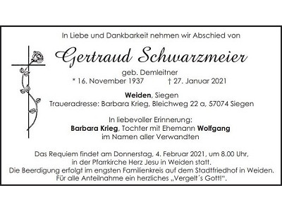 Traueranzeige Gertraud Schwarzmeier Weiden 400x300