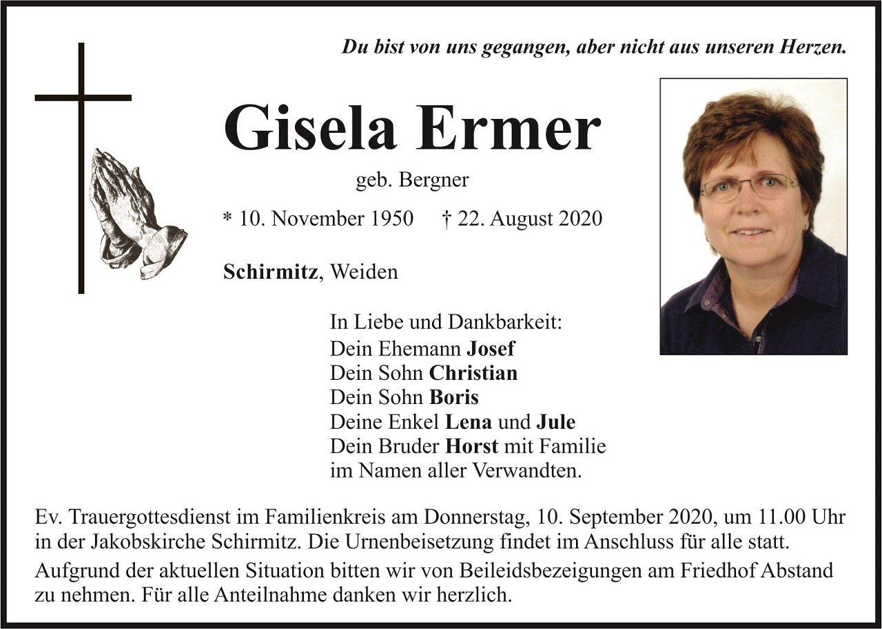 Traueranzeige Gisela Ermer Schirmitz
