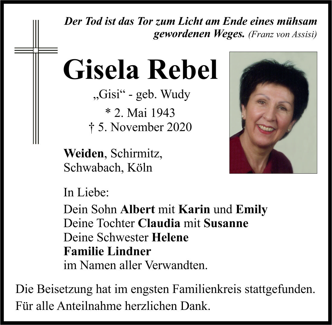 Traueranzeige Gisela Rebel, Weiden