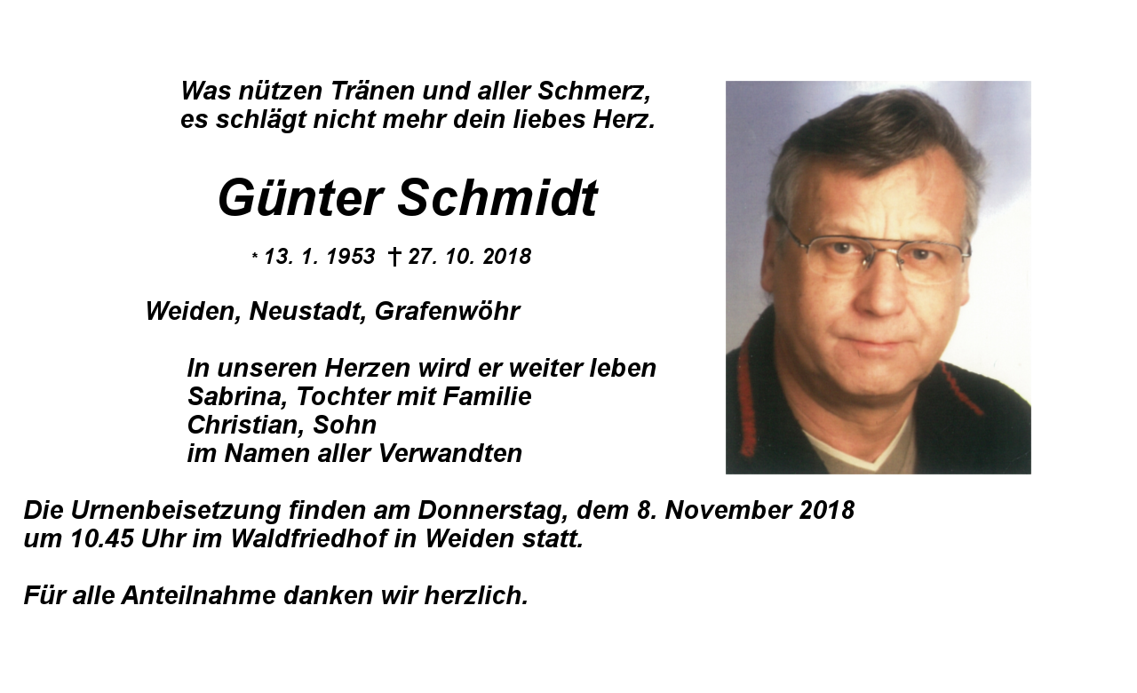 Traueranzeige Günter Schmidt, Weiden Neustadt Grafenwöhr