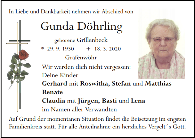 Traueranzeige Gunda Döhrling Grafenwöhr