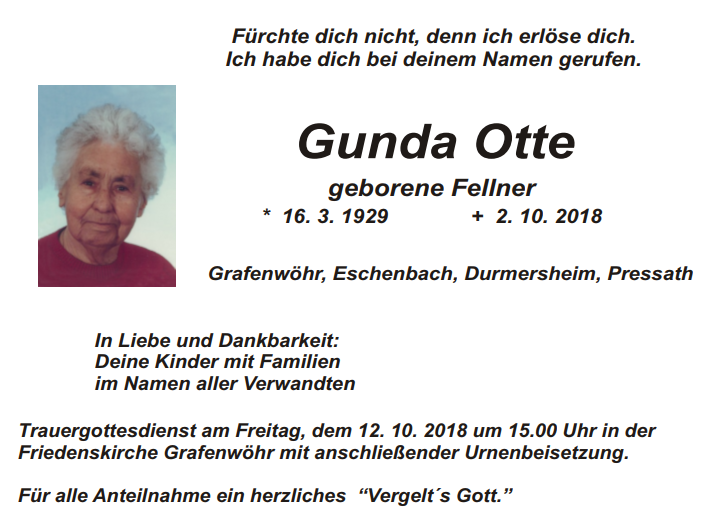 Traueranzeige Gunda Otte Grafenwöhr