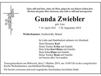 Traueranzeige Gunda Zwiebler Weiherhammer 400x300