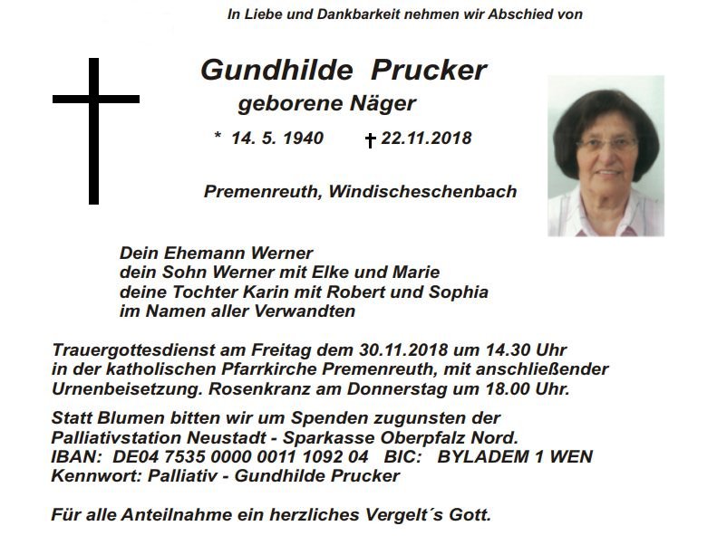 Traueranzeige Gundhilde Prucker, Premenreuth Windischeschenbach fertig