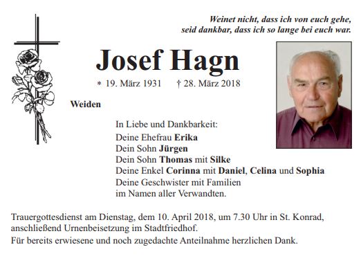 Traueranzeige Josef Hagn