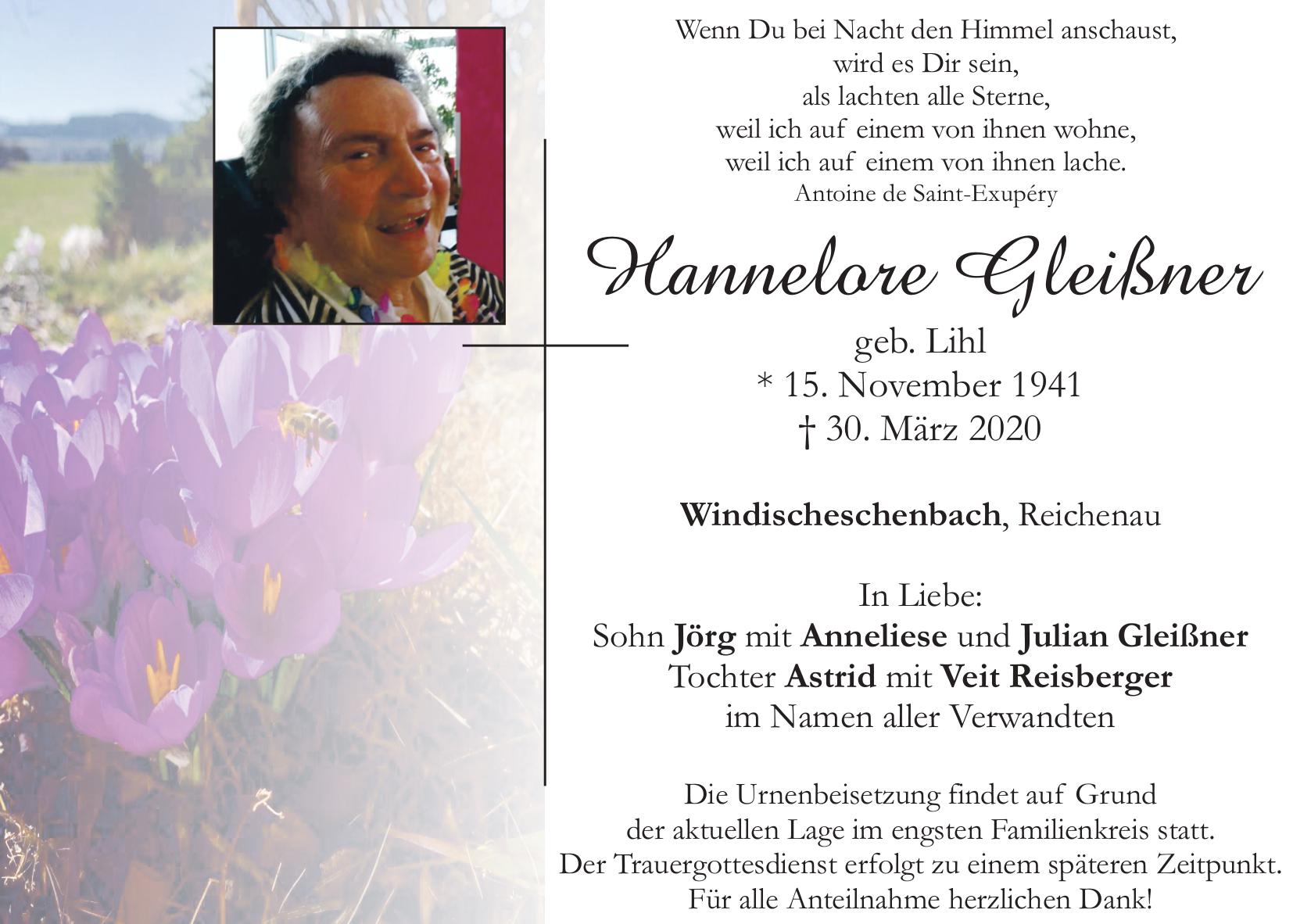 Traueranzeige Hannelore Gleißner