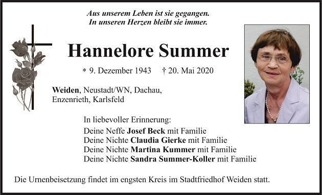 Traueranzeige Hannelore Summer Weiden