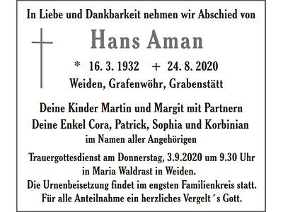 Traueranzeige Hans Aman Weiden 400x300
