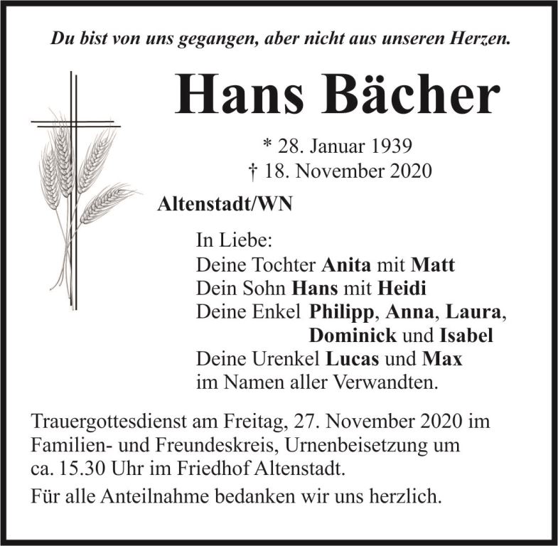 Traueranzeige Hans Bächer, AltenstadtWN