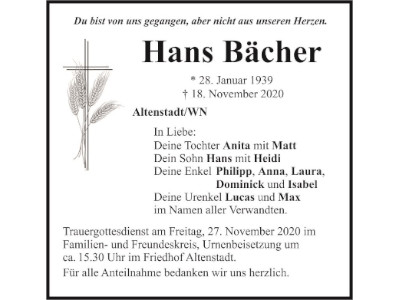 Traueranzeige Hans Bächer, AltenstadtWN 400 300