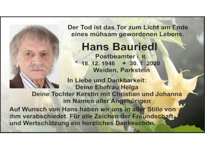 Traueranzeige Hans Bauriedl, Weiden 400 300