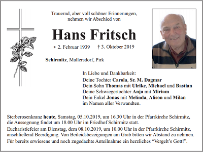 Traueranzeige Hans Fritsch Schirmitz 400x300