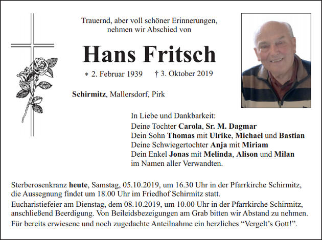 Traueranzeige Hans Fritsch Schirmitz
