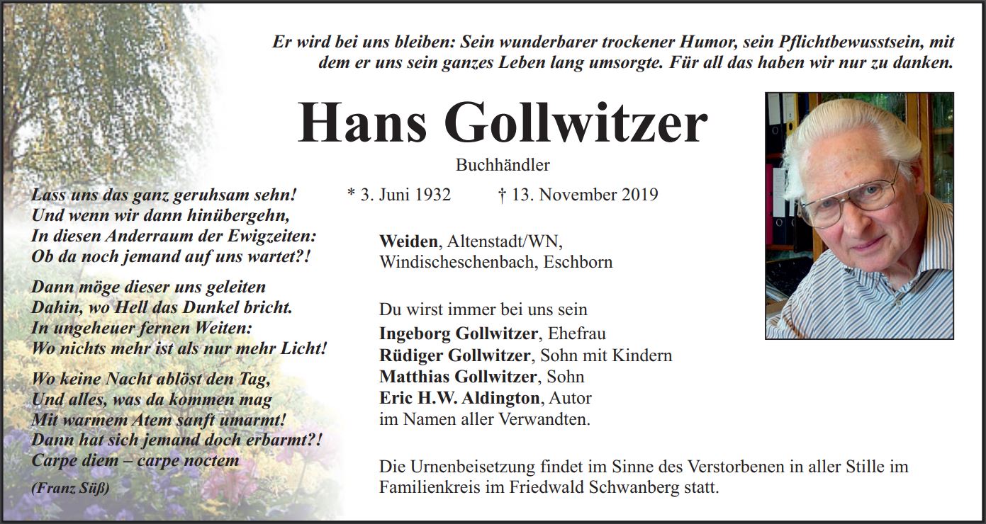 Traueranzeige Hans Gollwitzer, Weiden