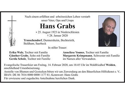Traueranzeige Hans Grabs Trauschendorf 400x300