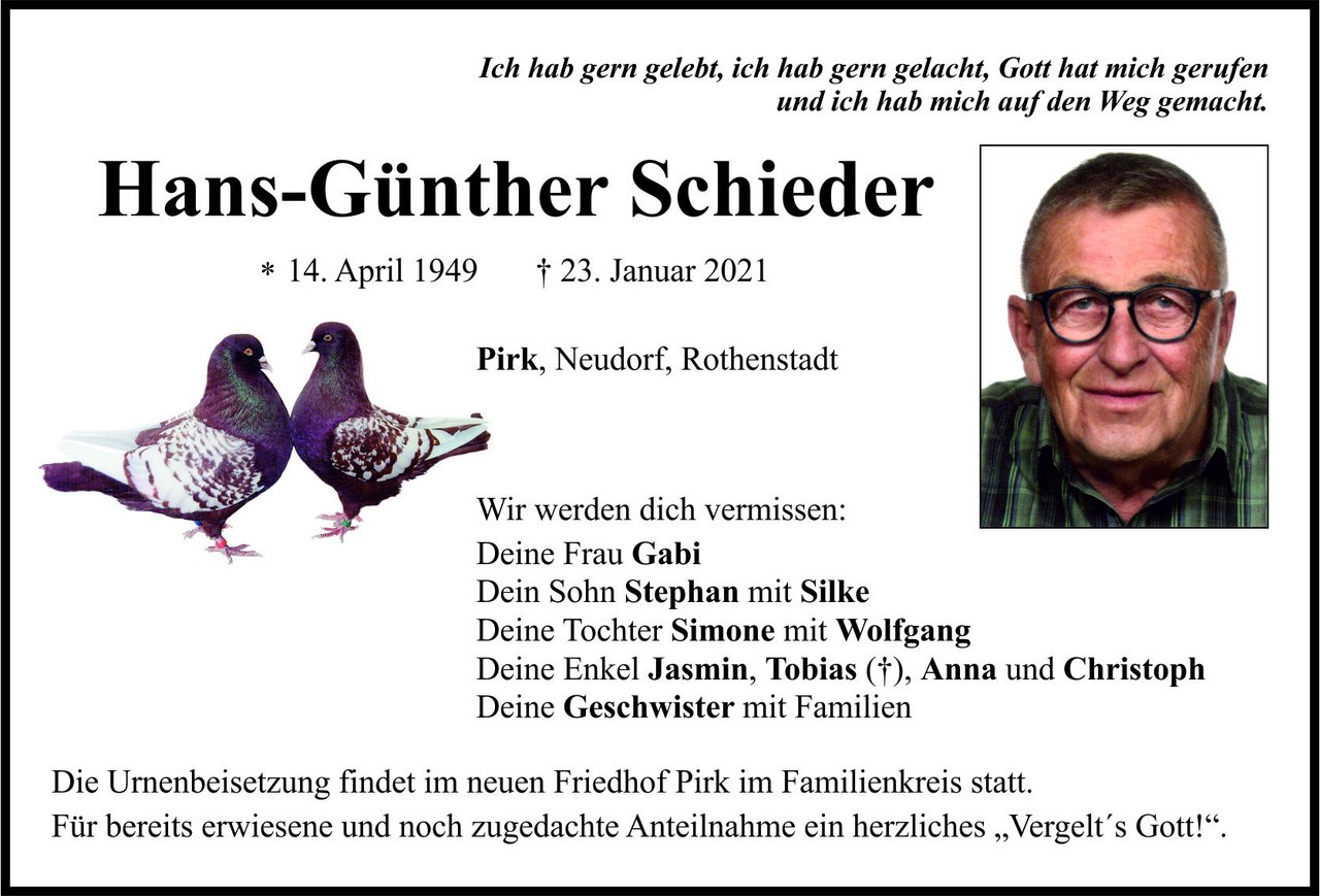 Traueranzeige Hans-Günther Schieder, Pirk