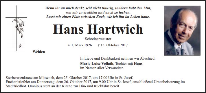 Traueranzeige Hans Hartwich Weiden