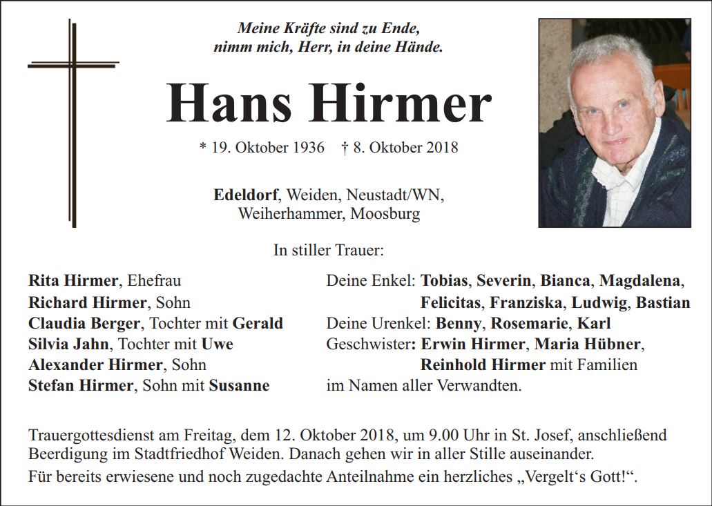 Traueranzeige Hans Hirmer, Edeldorf, Weiden, Neustadt WN, Weiherhammer, Moosburg