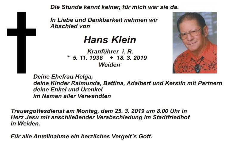 Traueranzeige Hans Klein Weiden