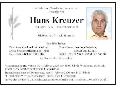 Traueranzeige Hans Kreuzer, Gleißenthal 400 300