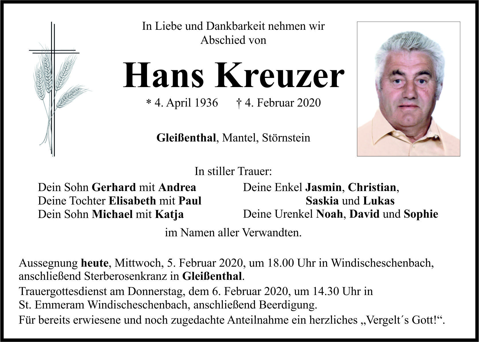 Traueranzeige Hans Kreuzer, Gleißenthal