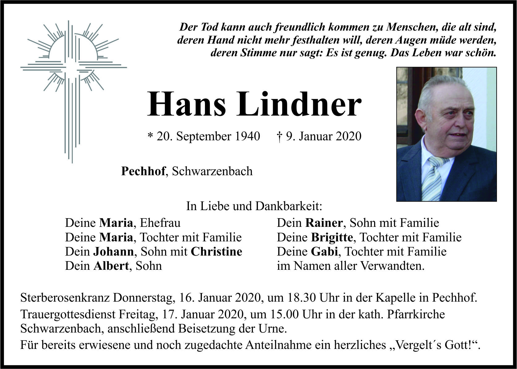 Traueranzeige Hans Lindner, Pechhof