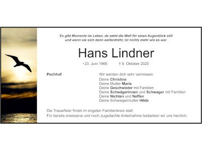 Traueranzeige Hans Lindner, Pechhof 400x300