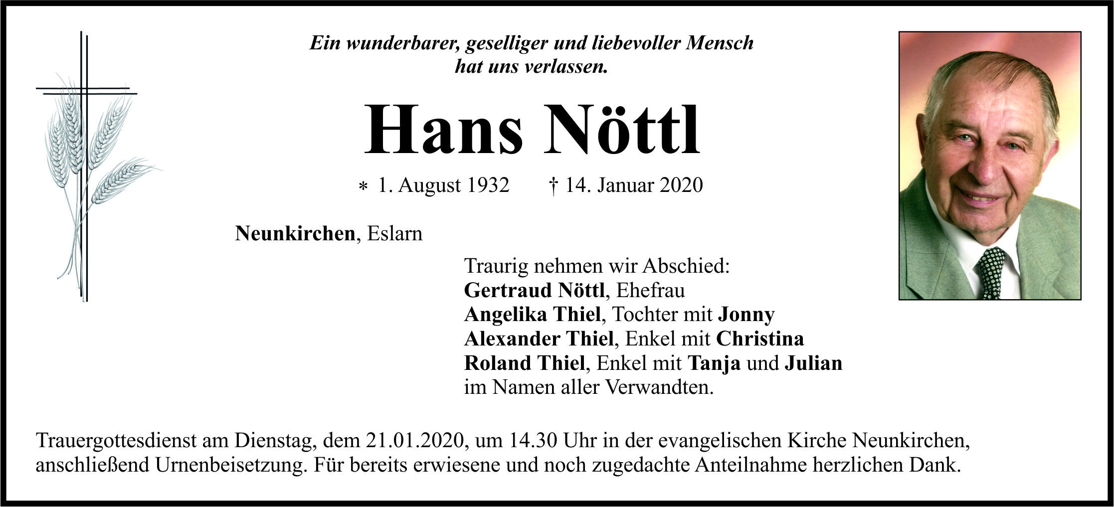 Traueranzeige Hans Nöttl, Neunkirchen