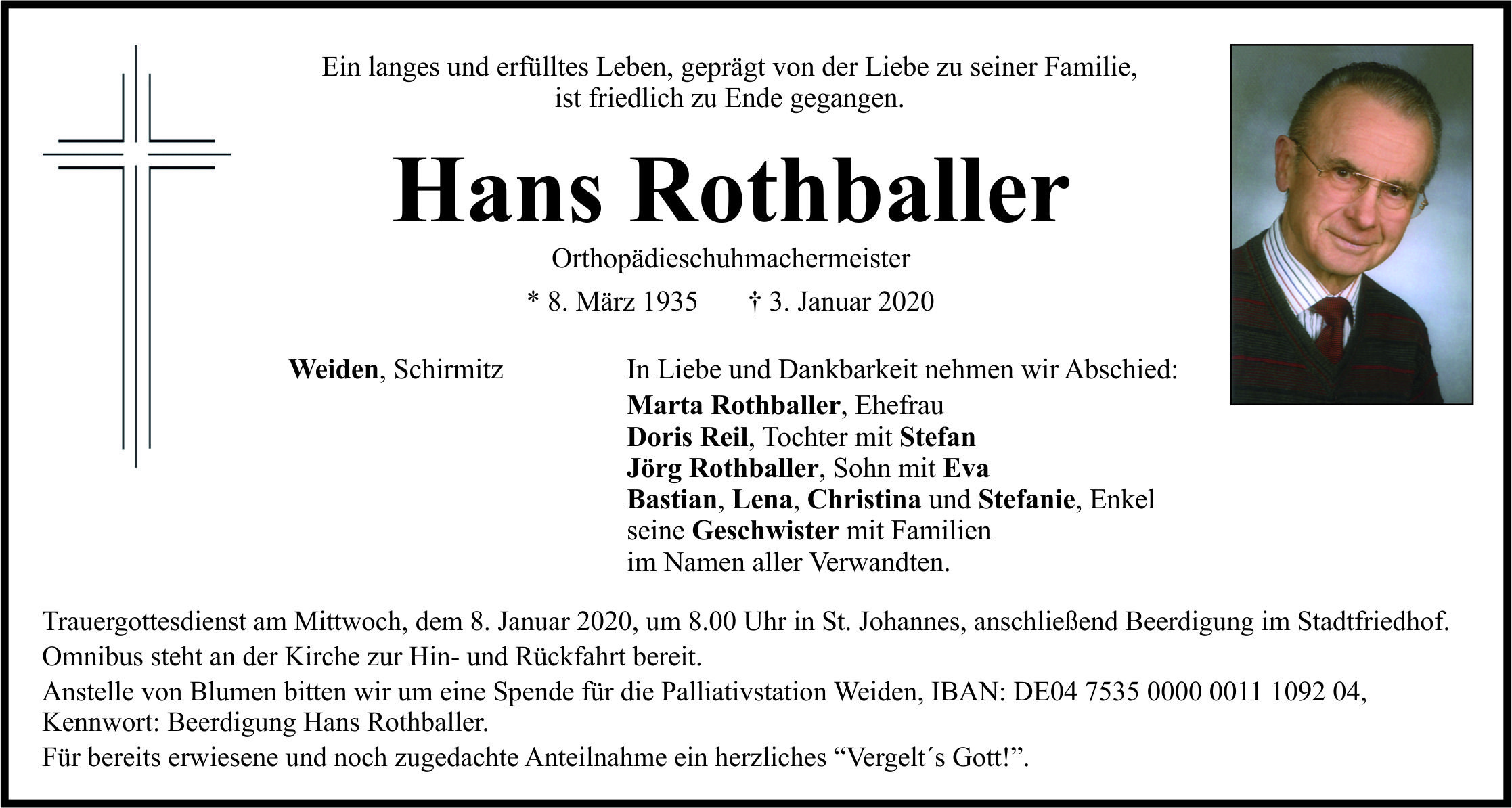 Traueranzeige Hans Rothballer, Weiden Schirmitz