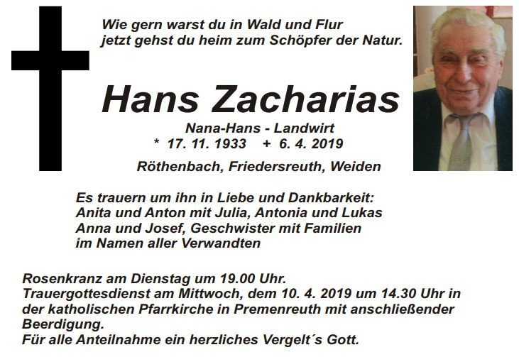 Traueranzeige Hans Zacharias Röthenbach