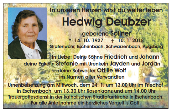 Traueranzeige Hedwig Deubzer Grafenwöhr