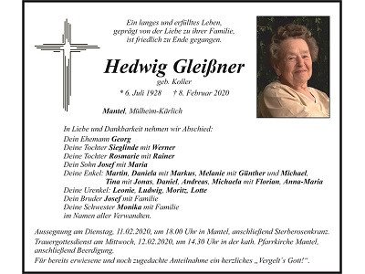 Traueranzeige Hedwig Gleißner Mantel 400x300