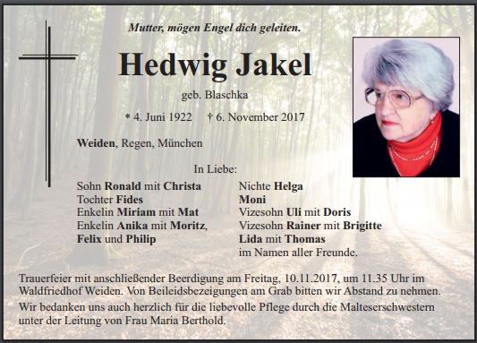 Traueranzeige Hedwig Jakel, Weiden