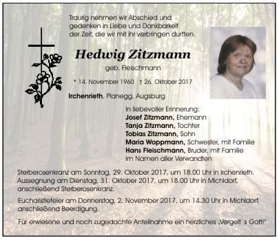 Traueranzeige Hedwig Zitzmann, Irchenrieth